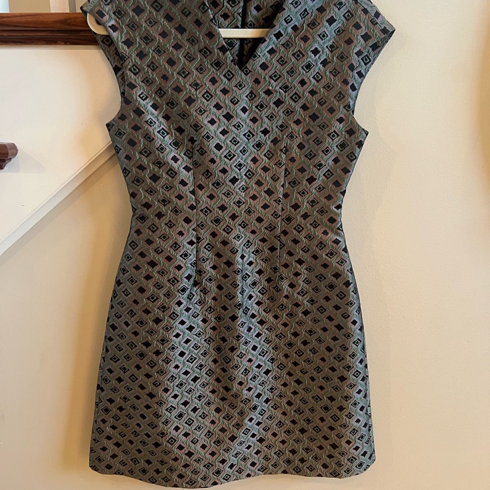 Nwt Josie Natori Ornamental Jacquard Dress green brown sz 2